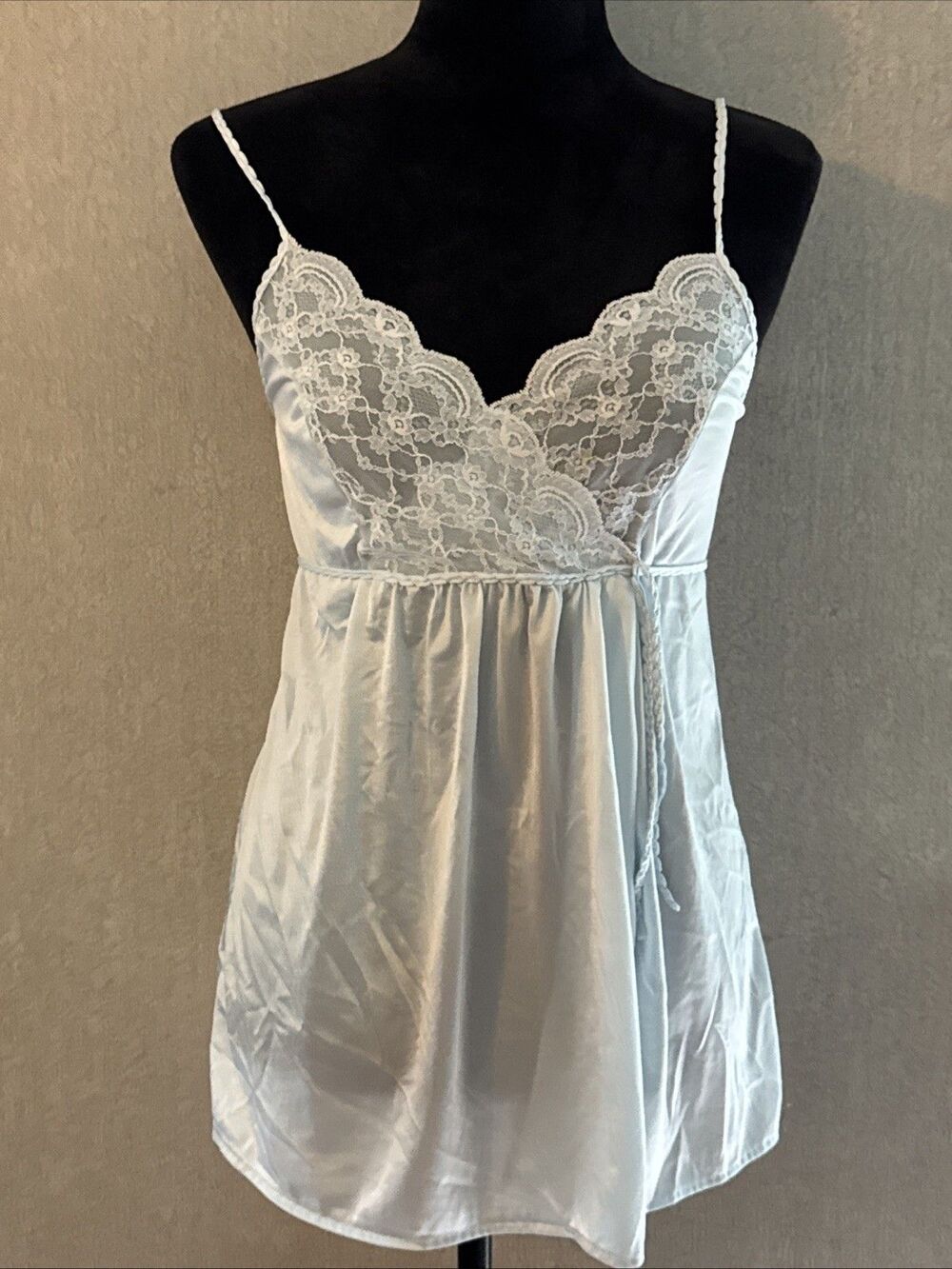 Vintage Gilead Ice Blue Lace Wrap Camisole M Side Tie Babydoll Lingerie USA